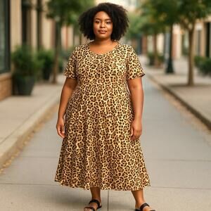 DB Moon Leopard Print Dress 2X Pockets Boho Casual Retro Office Comfort‎ Flirty